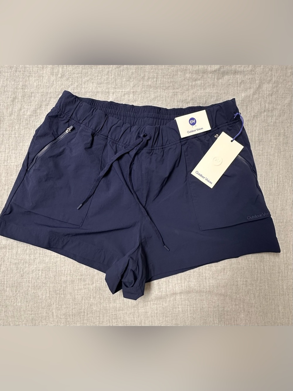NWT Outdoor Voices RecTrek Shorts Navy Blue Zipper Pockets Drawstring Size XXL